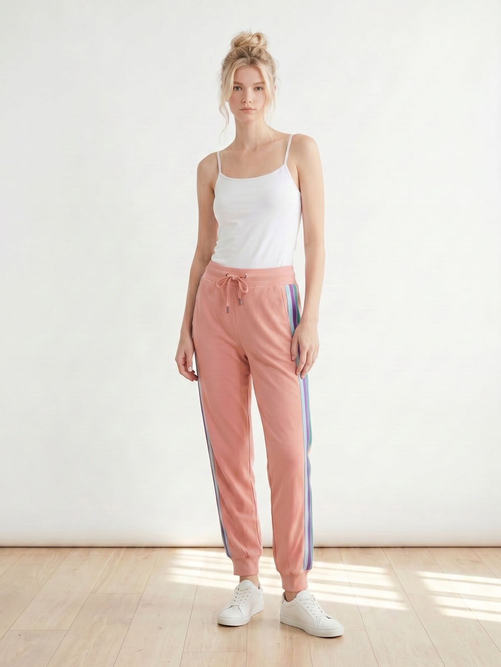 Electric Yoga Pink Track Jogger Pants with Side 5 Stripes. Athleisure. Rainbow